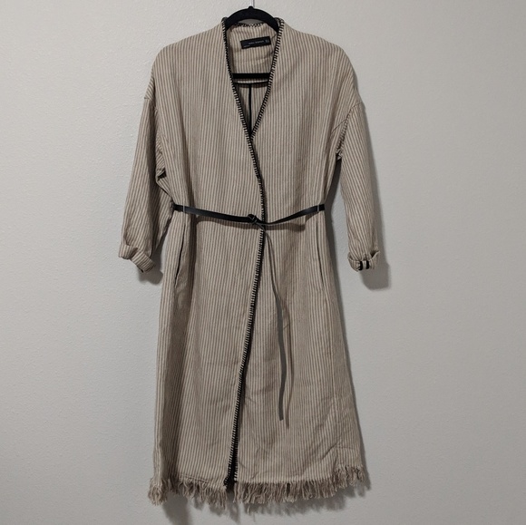 Zara Jackets & Blazers - 🌼 Zara Striped Linen Belted Jacket with Fringe
